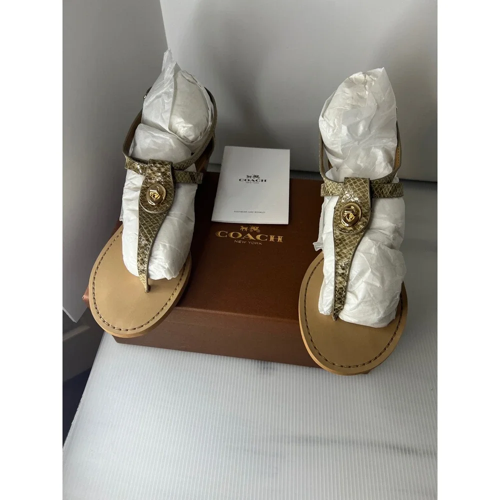 COACH Ingrid Natural Snake Print Leather Thong Wedge‎ Sandals Women's Size 7.5B